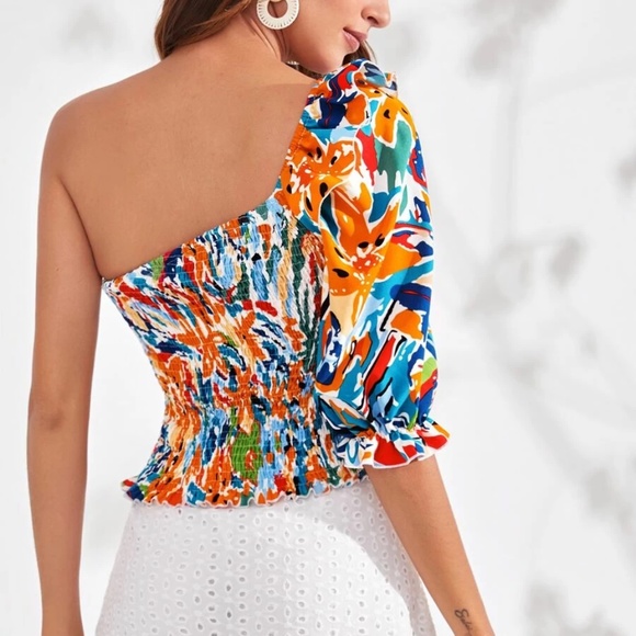 Boho Floral Print One Shoulder Crop Top - Picture 4 of 6